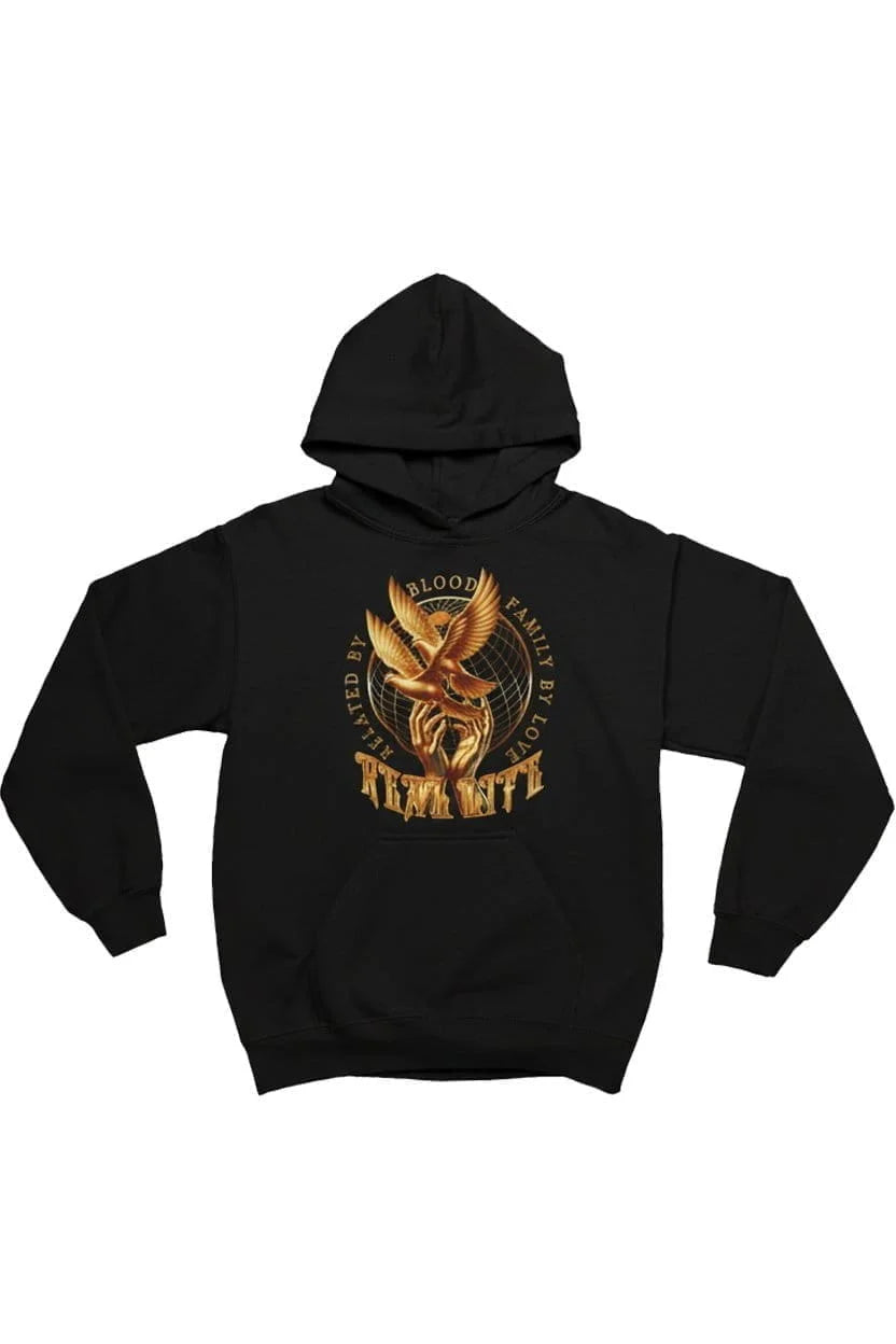 Black hoodie with gold eagle design on a white background